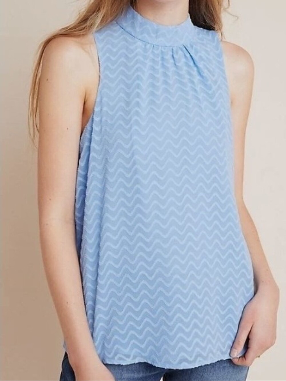 Anthropologie Charlie Halter Sky Blue Sleeveless Mock Neck Wavy Lace Top